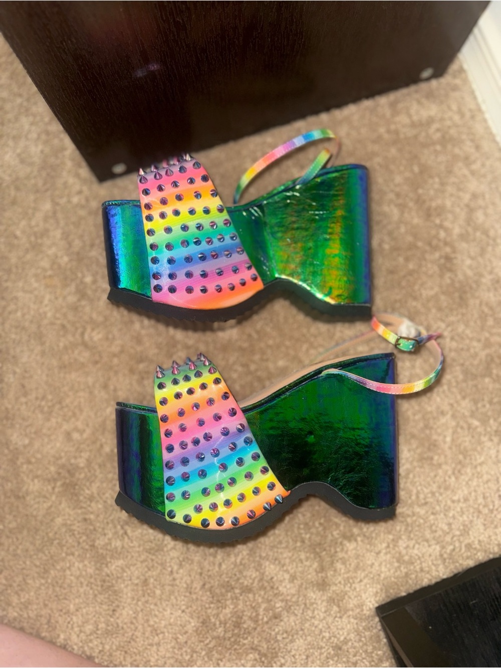 Dolls Kill Privileged Rainbow Studded Green Iridescent Platform Sandals